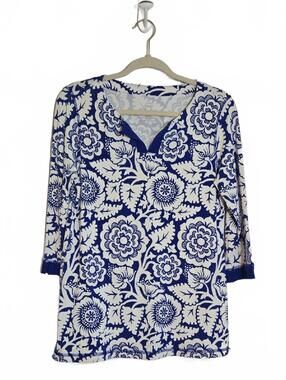 Talbots Blue and White Floral Tunic Top UPF 50+ Size Medium Petite